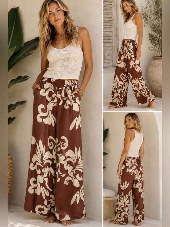 Mango Pants - NWT Mango Brown & Cream Tropical Print Wide Leg Pants XL
